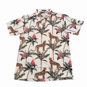 Bad Birdie Polo Shirt Mens Med White Cheetah Parrot Palm Golf Tropical Print